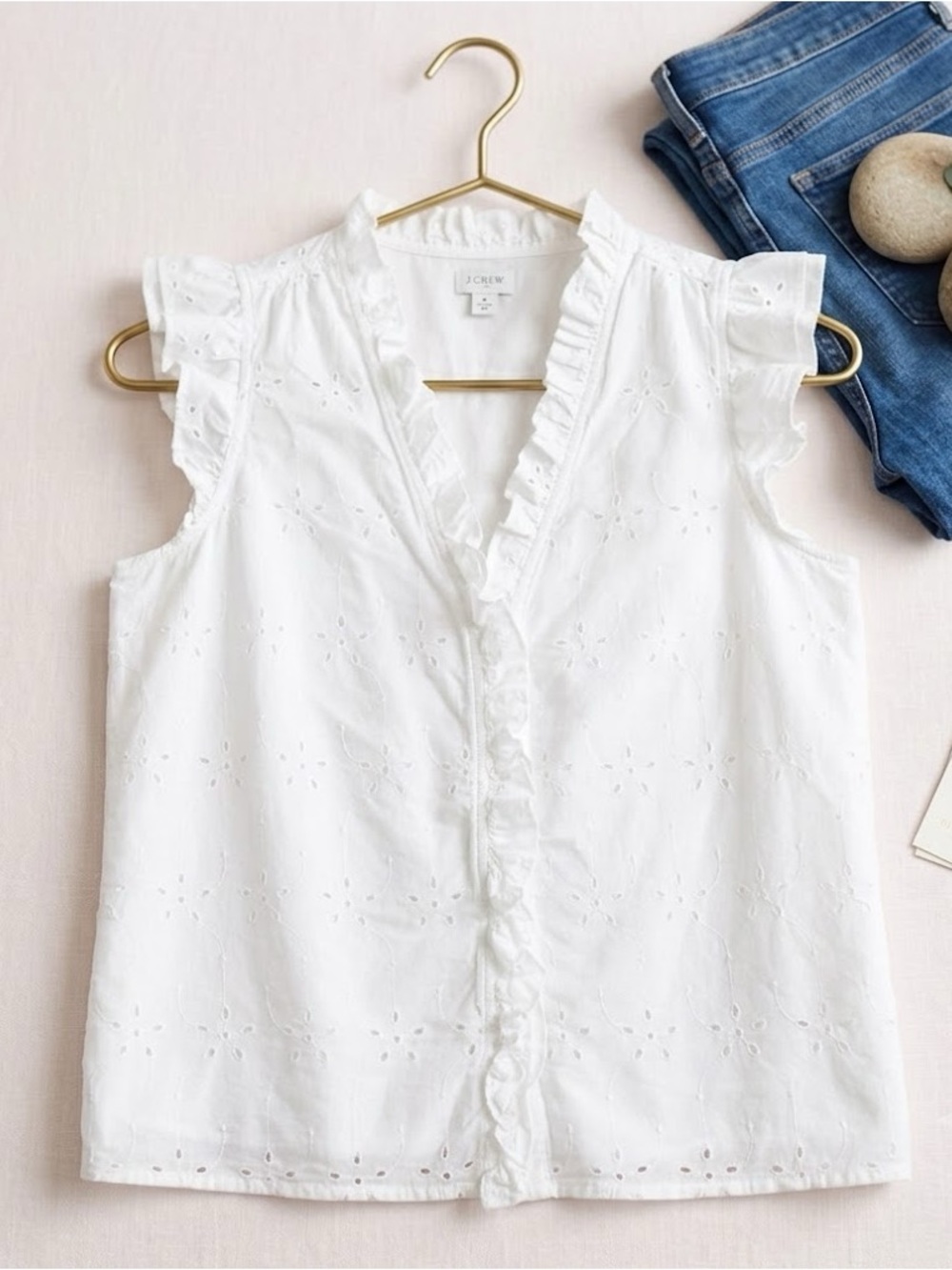 J.Crew White Eyelet Ruffle Top | 100% Cotton | Size S